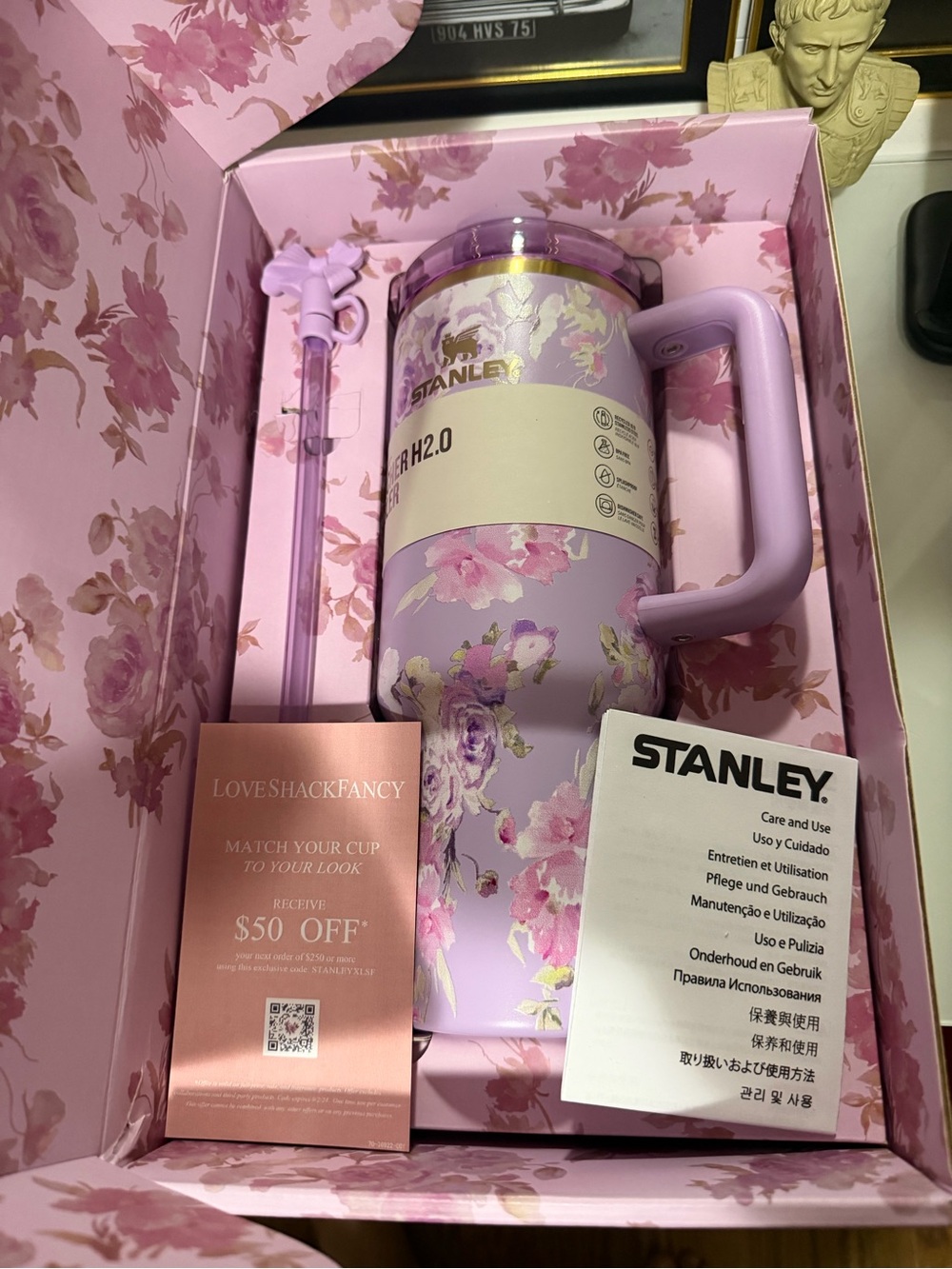 NWT Stanley Lavender Floral Travel Tumbler with Matching Straw, box,dusty.